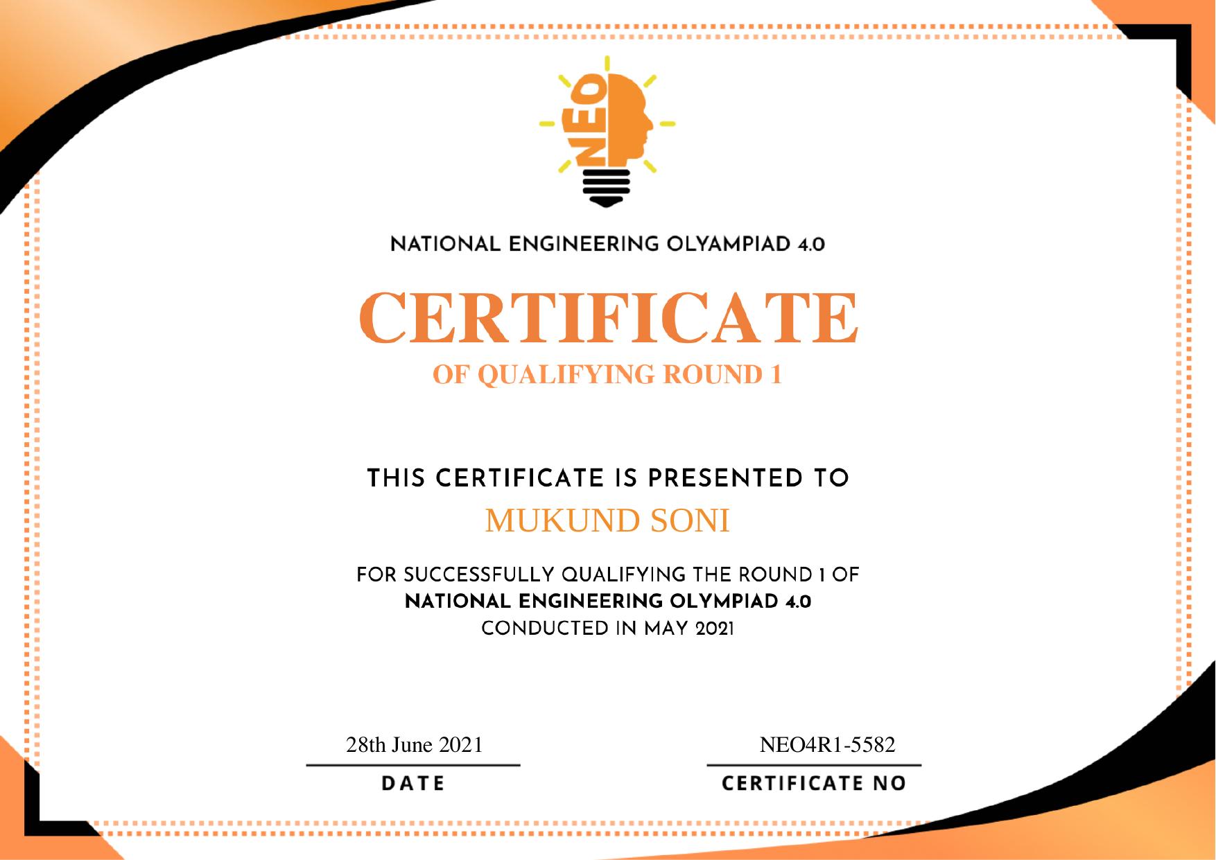 National Engineering Olympiad Certificate